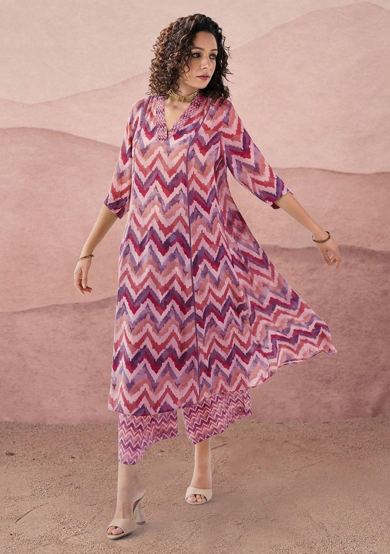 Peach Printed Viscose Kurta Set - Indya