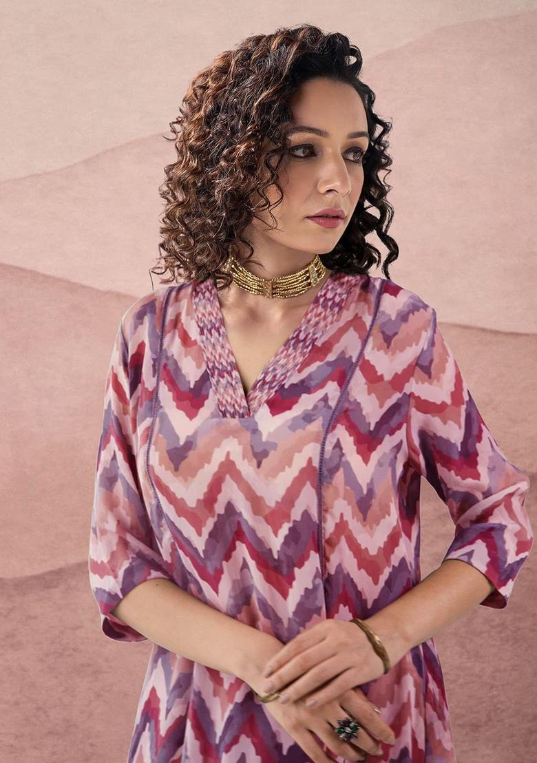 Peach Printed Viscose Kurta Set - Indya