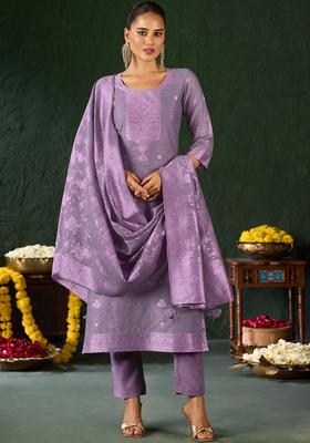 Purple Self Design Silk Blend Kurta Set