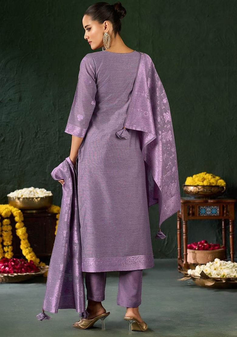 Purple Self Design Silk Kurta Set - Indya