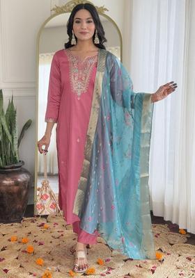 Pink Embroidered Viscose Kurta Set