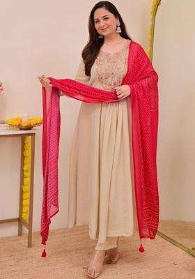 Beige Embroidered Chinon Kurta Set