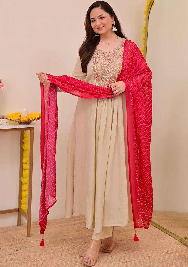 Beige Embroidered Chinon Kurta Set - Indya