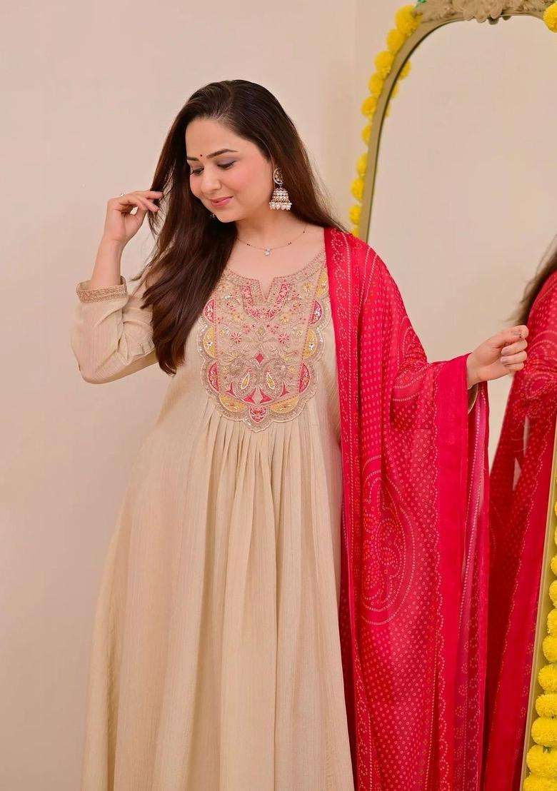 Beige Embroidered Chinon Kurta Set - Indya
