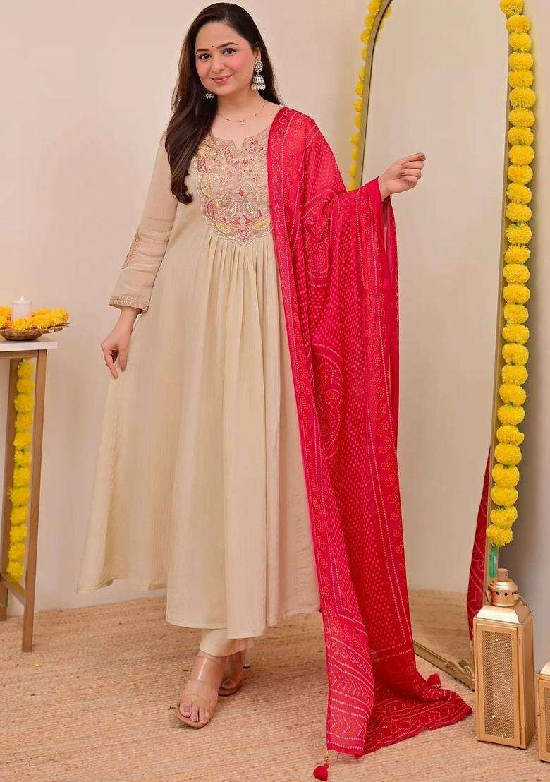 Beige Embroidered Chinon Kurta Set - Indya