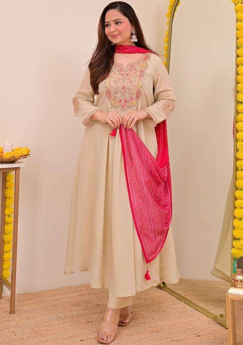 Beige Embroidered Chinon Kurta Set - Indya