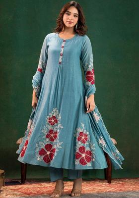 Turquoise Blue Embroidered Silk Blend Kurta Set