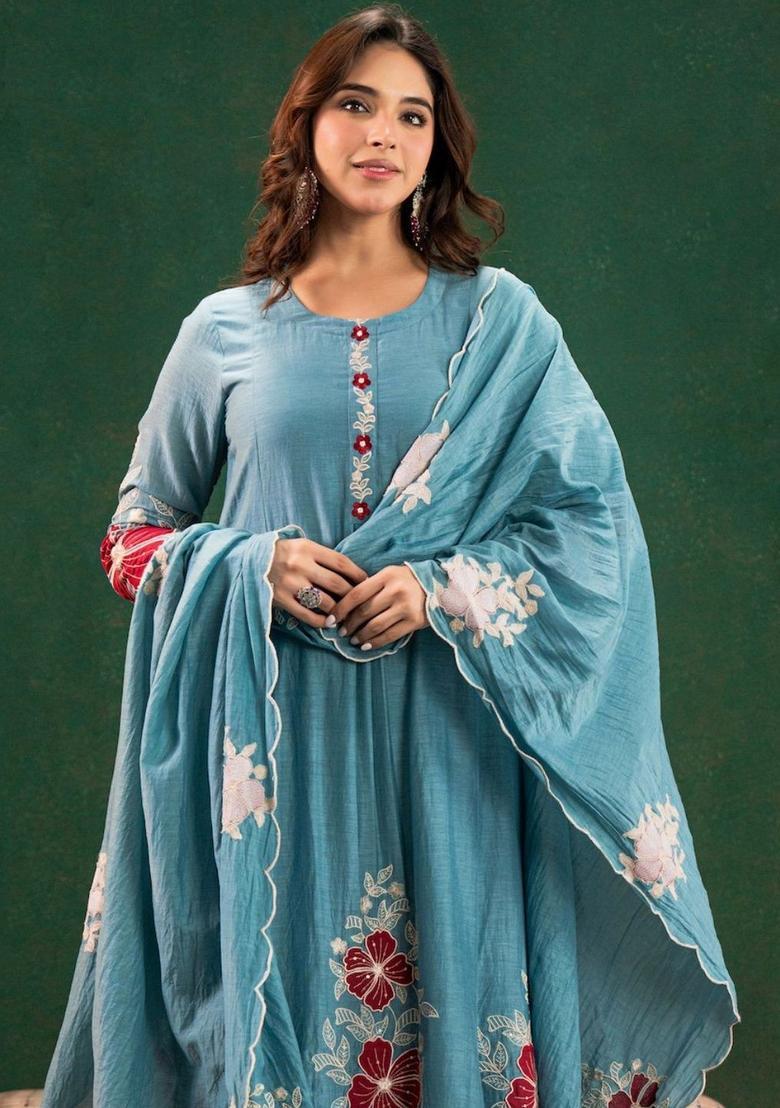 Turquoise Blue Embroidered Silk Kurta Set - Indya