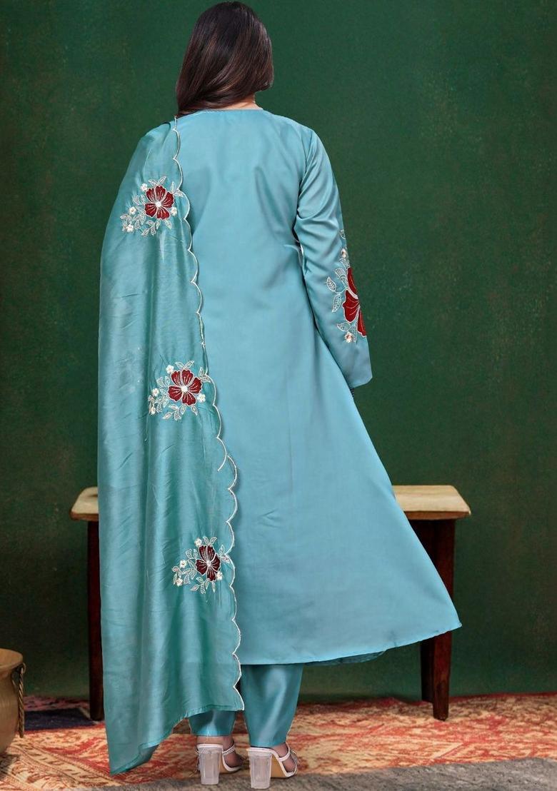 Turquoise Blue Embroidered Silk Kurta Set - Indya