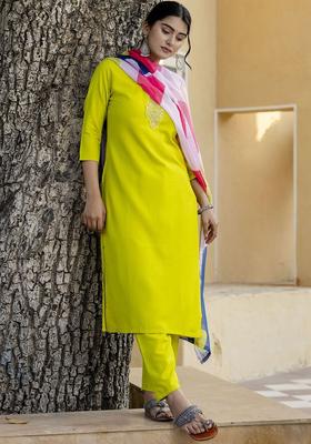 Lime Green Embroidered Viscose Kurta Set