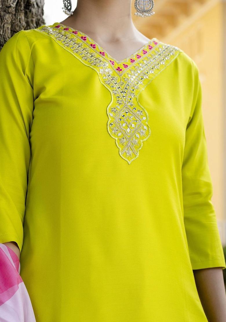 Lime Green Embroidered Viscose Kurta Set - Indya
