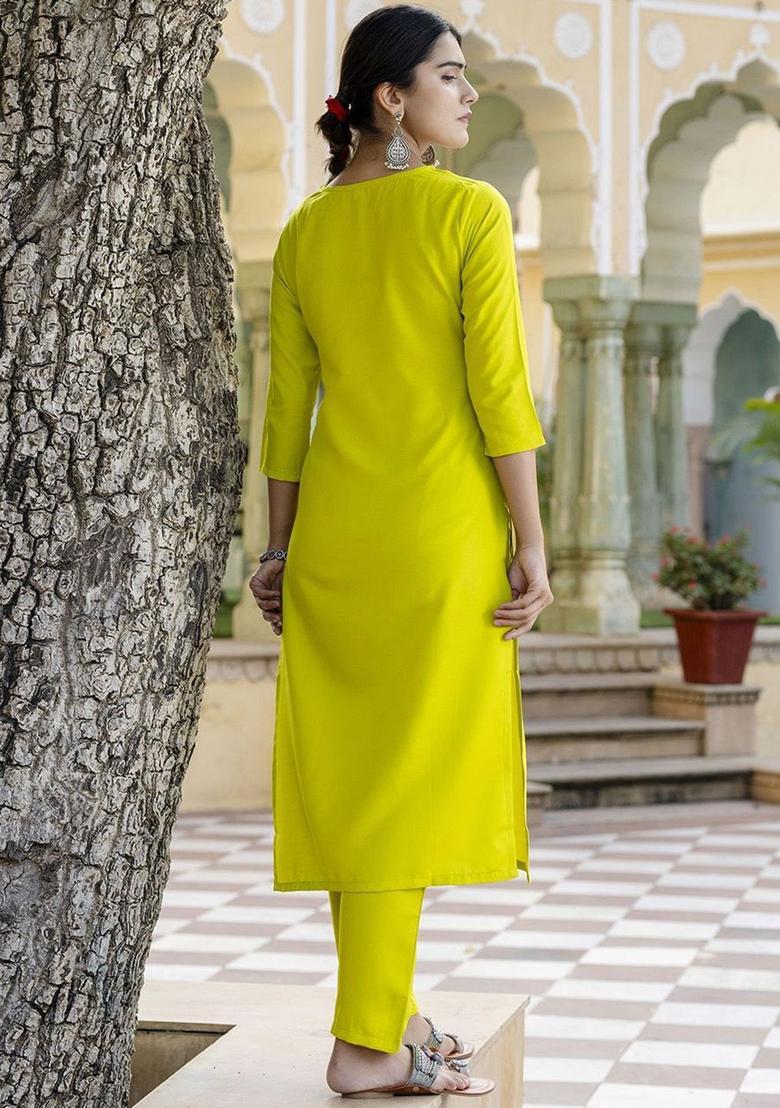 Lime Green Embroidered Viscose Kurta Set - Indya