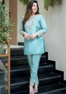 Turquoise Blue Embroidered Silk Blend Kurta Set