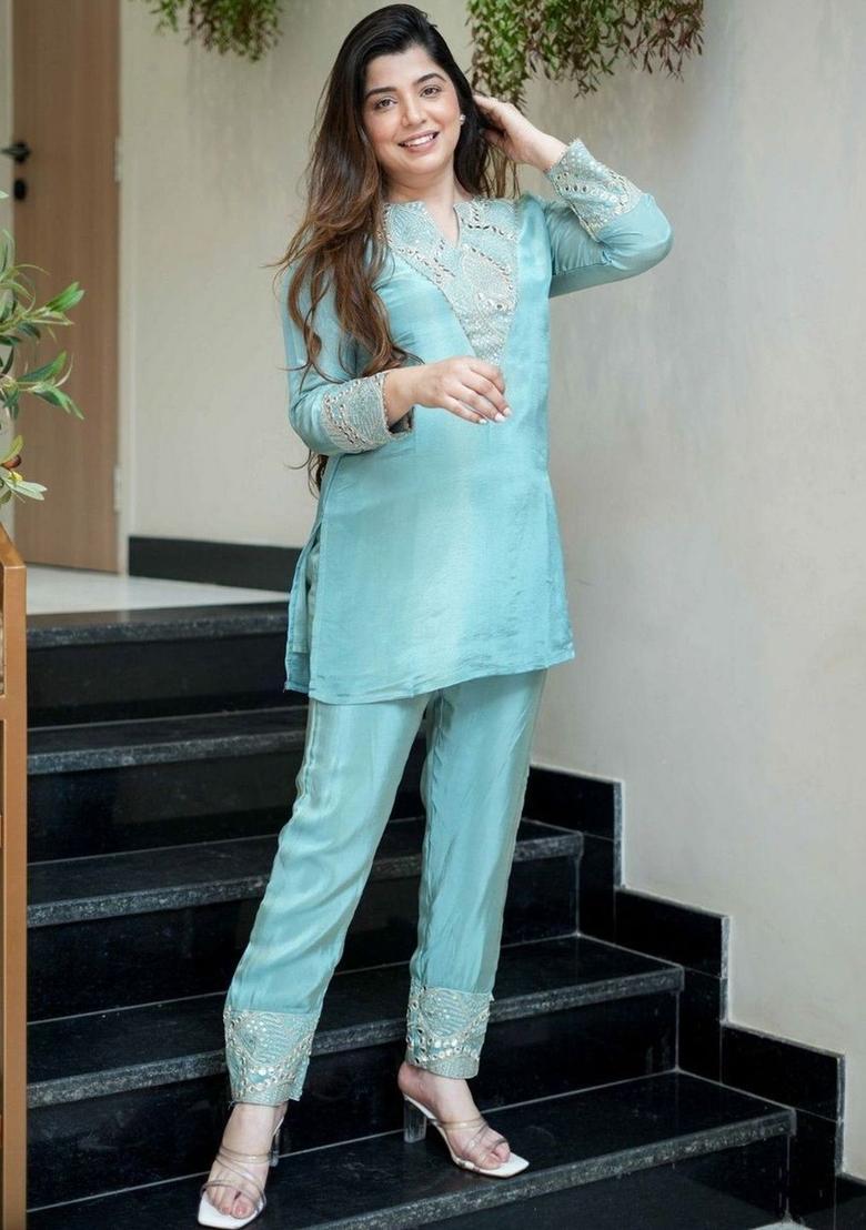 Turquoise Blue Embroidered Silk Kurta Set - Indya