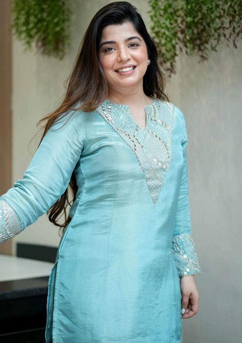 Turquoise Blue Embroidered Silk Kurta Set - Indya