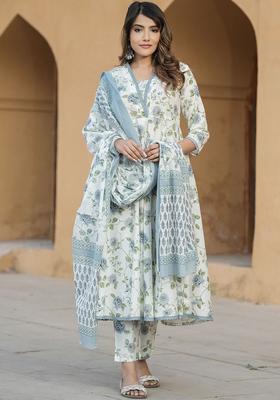 Cream Printed Cotton Anarkali Set
