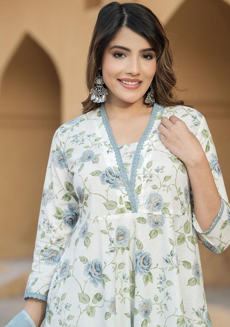 Cream Printed Cotton Anarkali Set - Indya