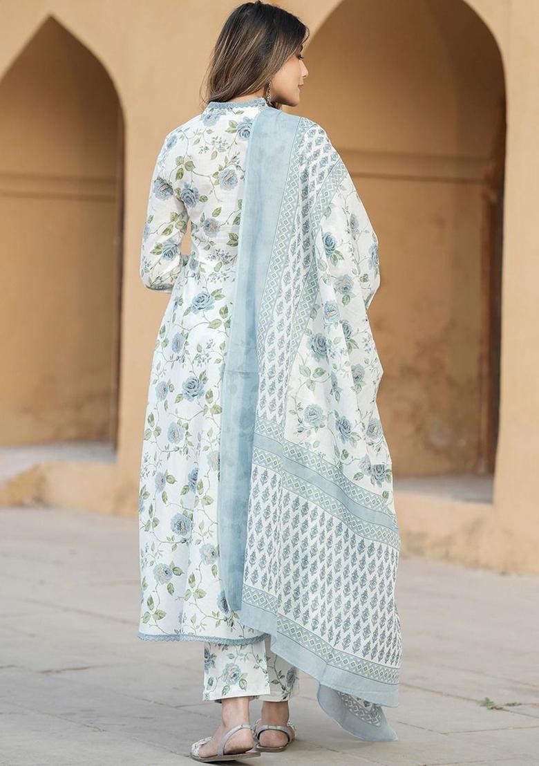 Cream Printed Cotton Anarkali Set - Indya
