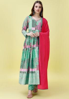 Turquoise Blue Printed Chinon Kurta Set