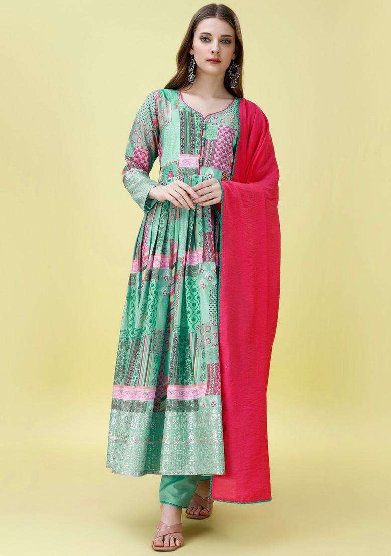 Turquoise Blue Printed Chinon Kurta Set - Indya