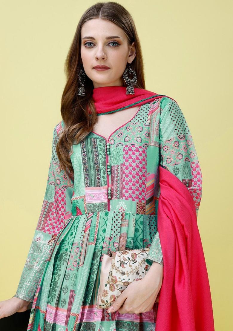 Turquoise Blue Printed Chinon Kurta Set - Indya