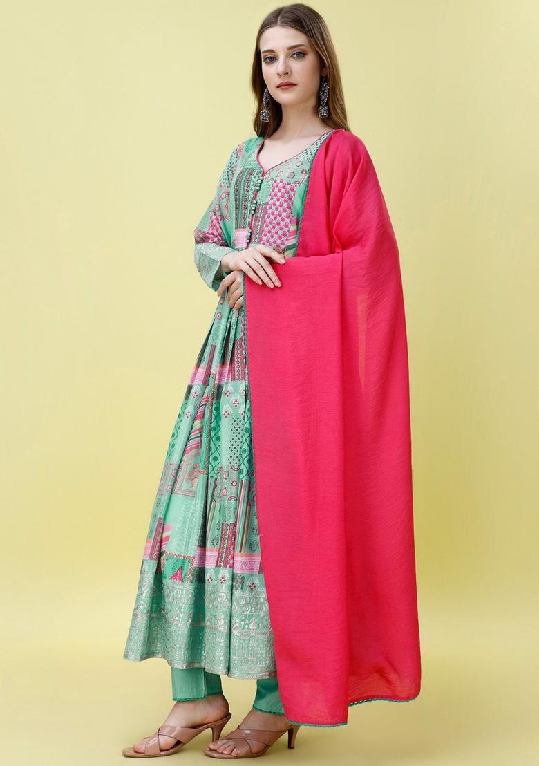 Turquoise Blue Printed Chinon Kurta Set - Indya