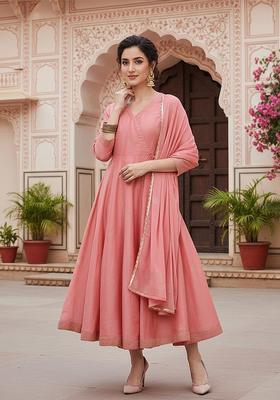 Pink Printed Silk Anarkali Set