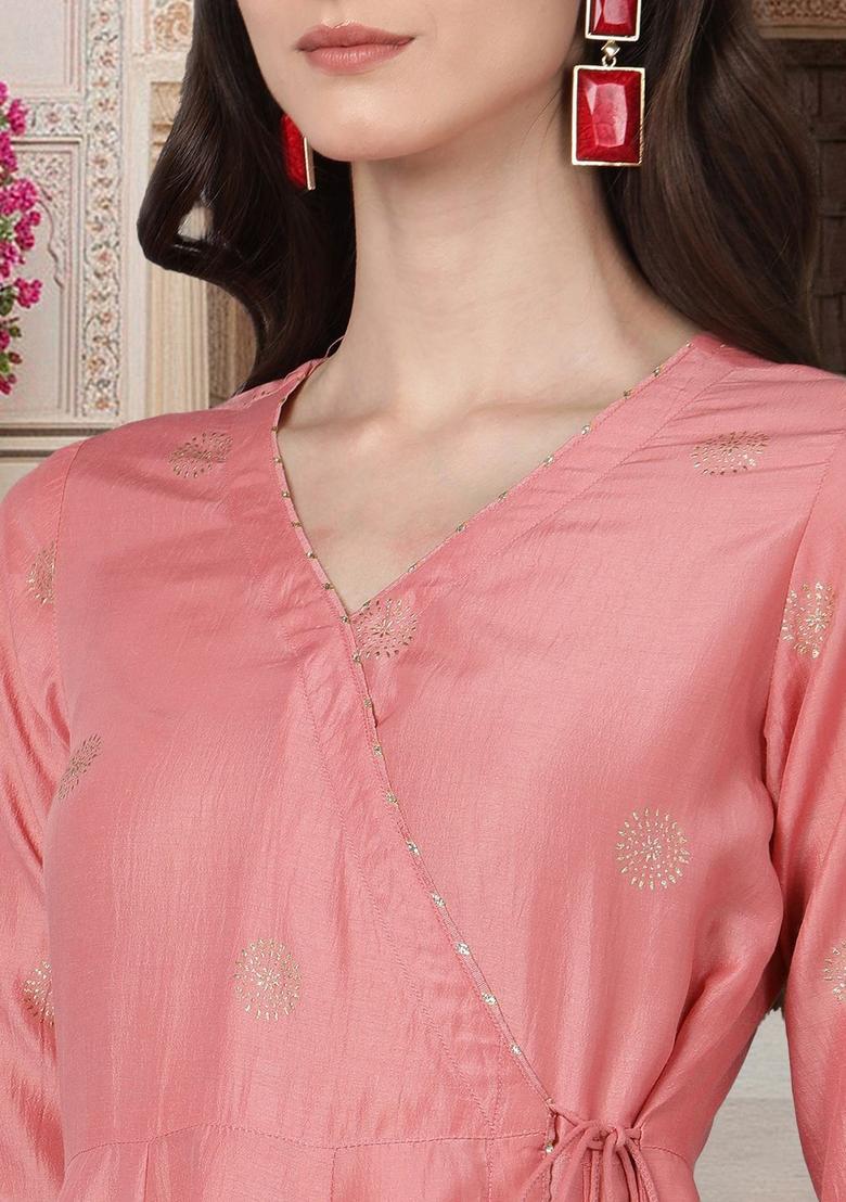 Pink Printed Silk Anarkali Set - Indya