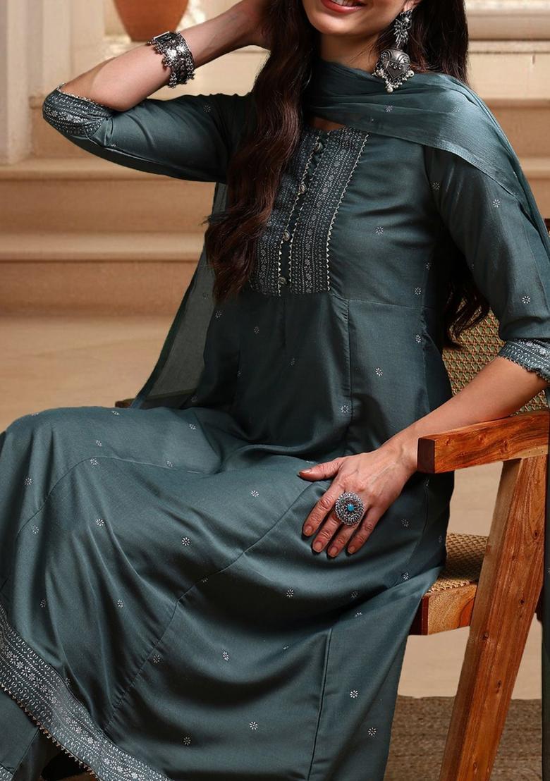 Teal Printed Silk Kurta Set - Indya
