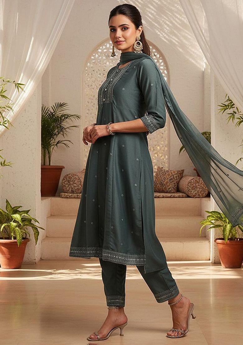 Teal Printed Silk Kurta Set - Indya