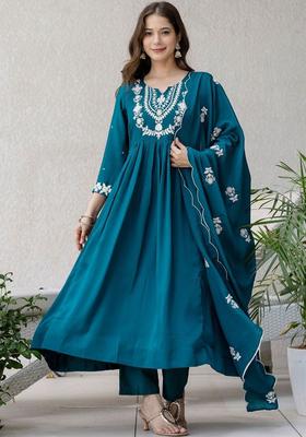 Teal Embroidered Chinon Kurta Set