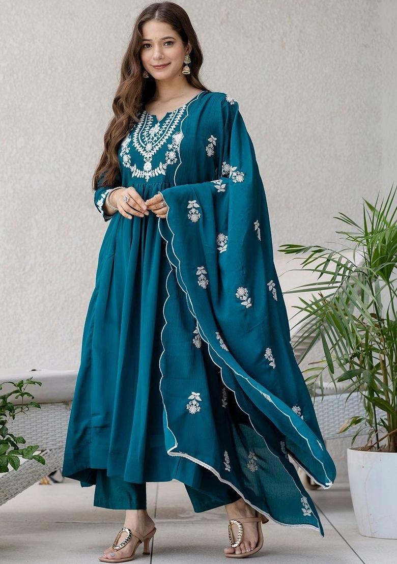 Teal Embroidered Chinon Kurta Set - Indya