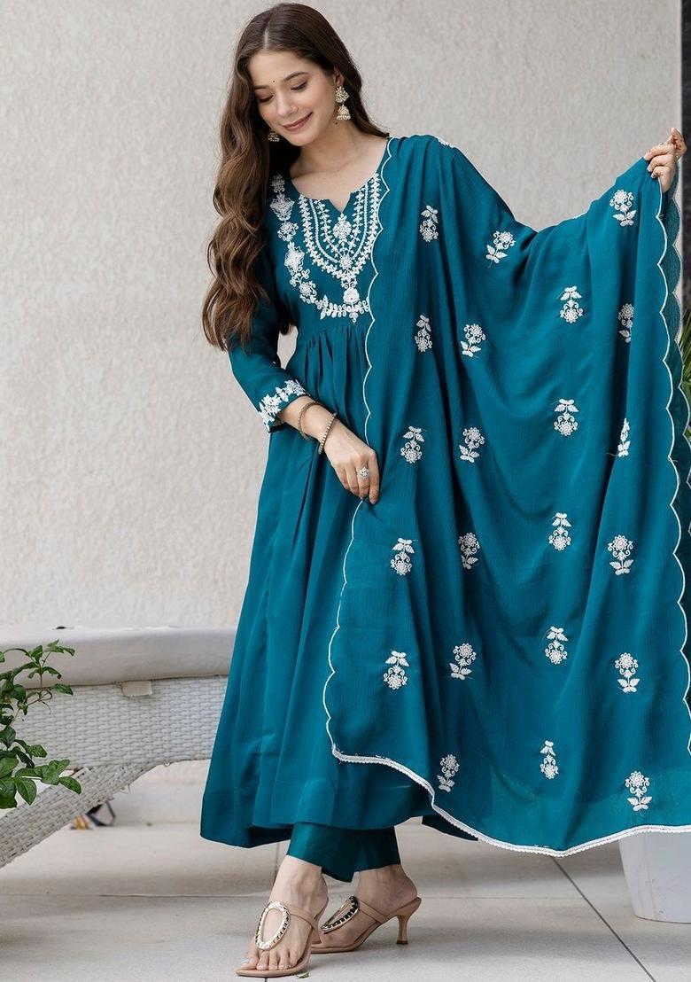 Teal Embroidered Chinon Kurta Set - Indya