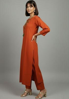 Rust Embroidered Cotton Kurta Set
