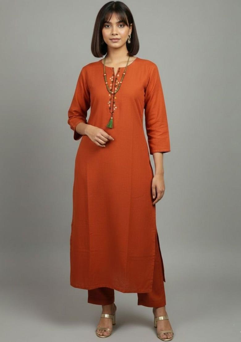 Rust Embroidered Cotton Kurta Set - Indya