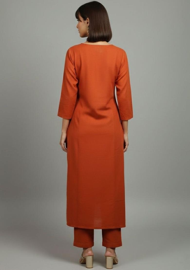 Rust Embroidered Cotton Kurta Set - Indya