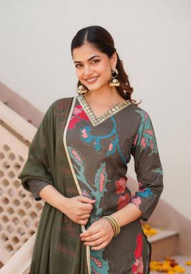 Olive Printed Viscose Kurta Set
