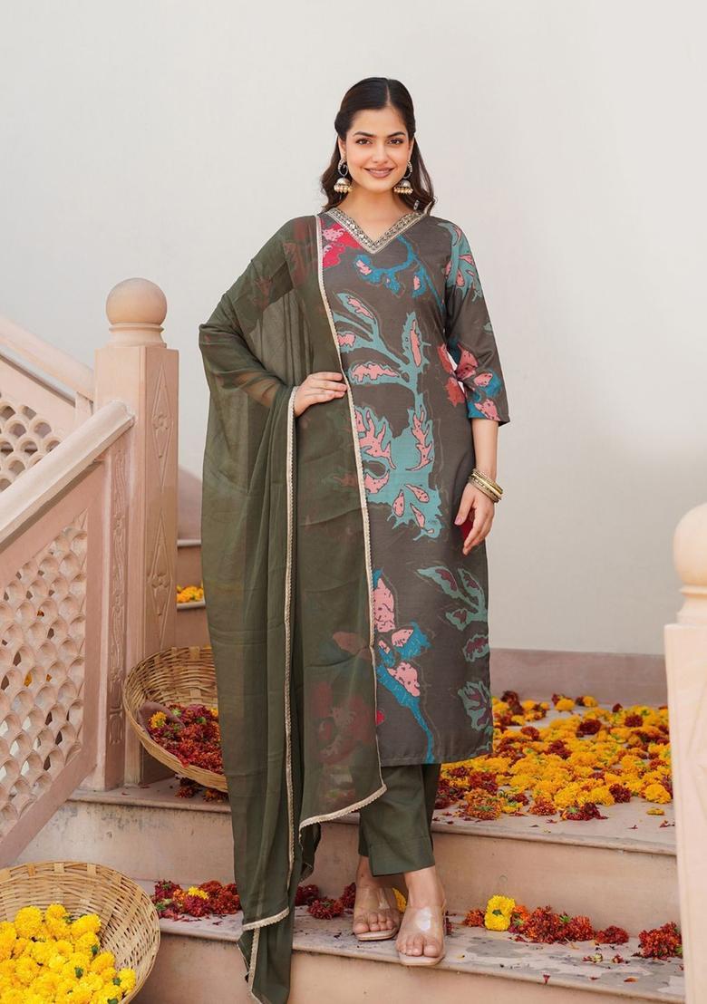 Olive Printed Viscose Kurta Set - Indya