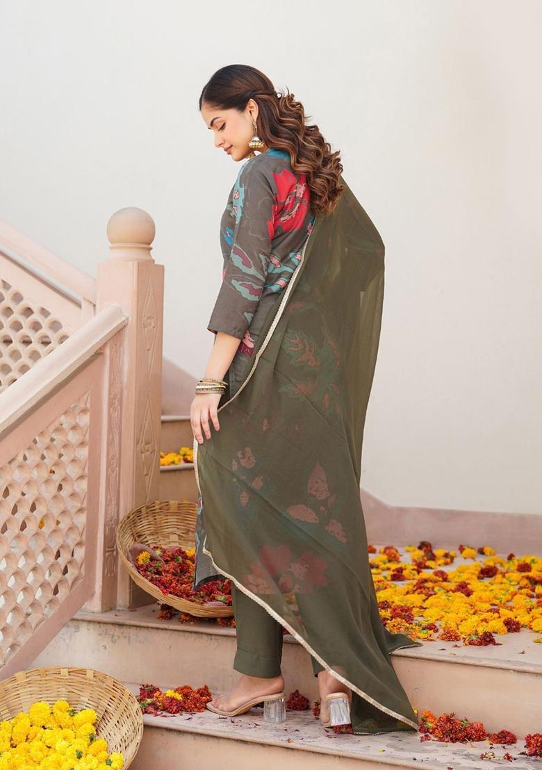 Olive Printed Viscose Kurta Set - Indya