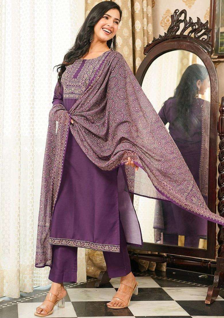 Purple Embroidered Cotton Kurta Set - Indya