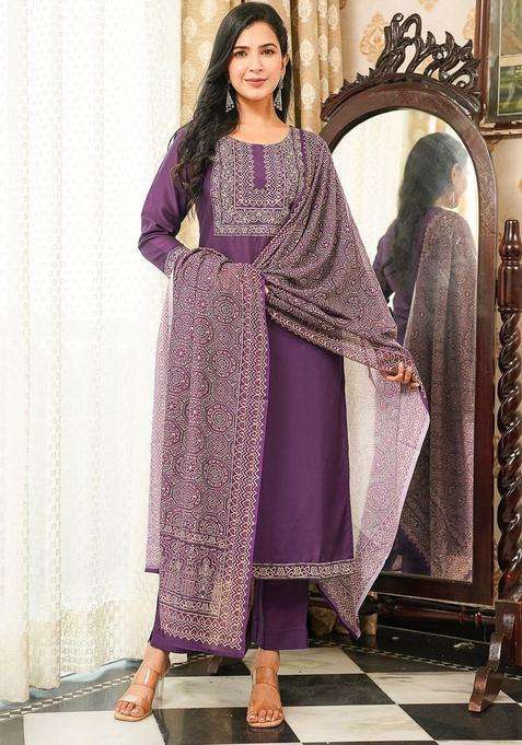 Purple Embroidered Cotton Kurta Set