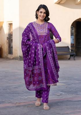 Magenta Embroidered Cotton Kurta Set