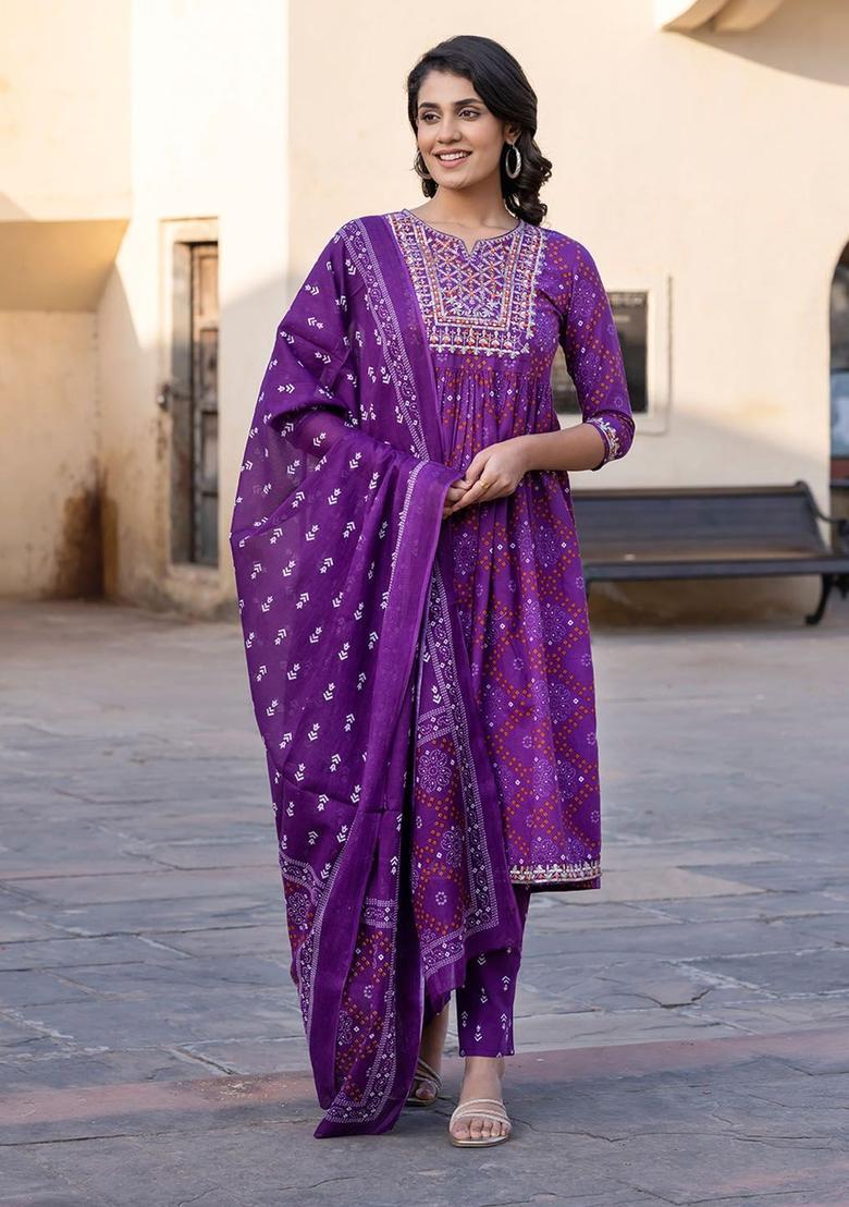 Magenta Embroidered Cotton Kurta Set - Indya