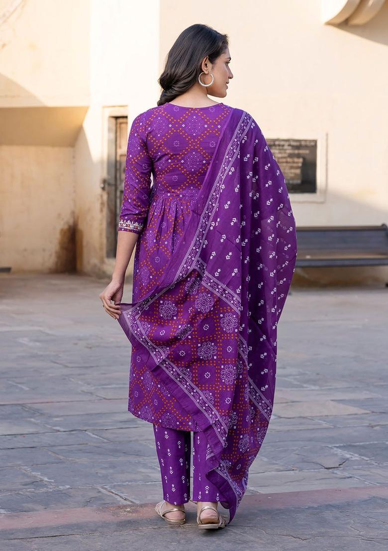 Magenta Embroidered Cotton Kurta Set - Indya