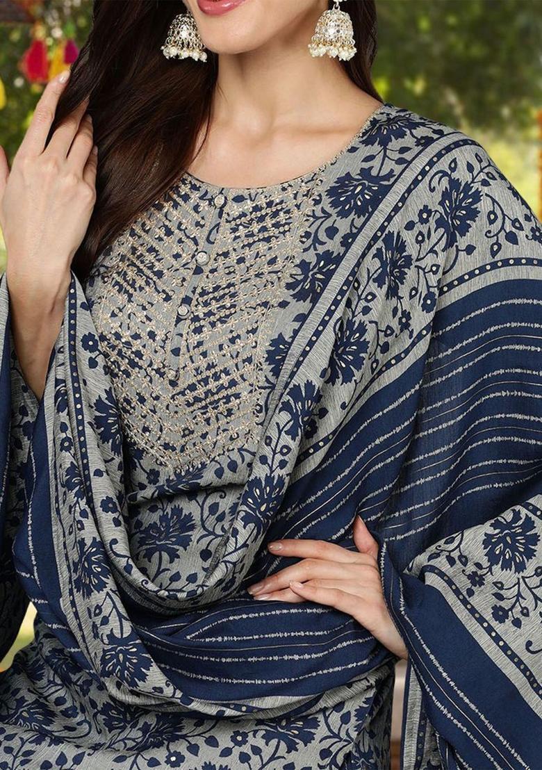 Grey Printed Silk Kurta Set - Indya
