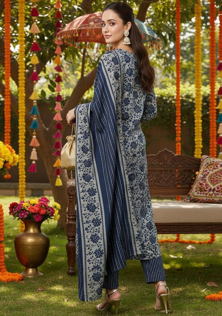 Grey Printed Silk Kurta Set - Indya