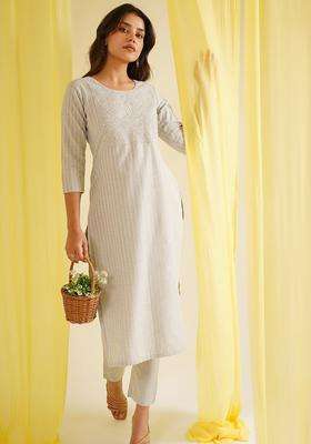 Grey Embroidered Cotton Kurta Set
