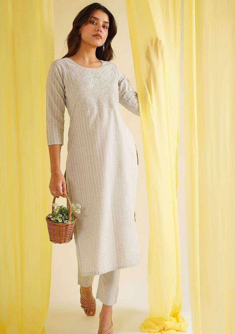 Grey Embroidered Cotton Kurta Set - Indya