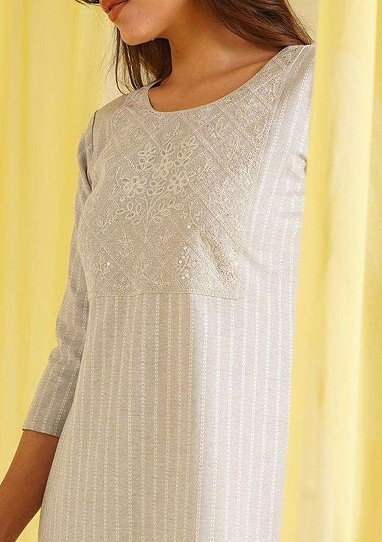 Grey Embroidered Cotton Kurta Set - Indya