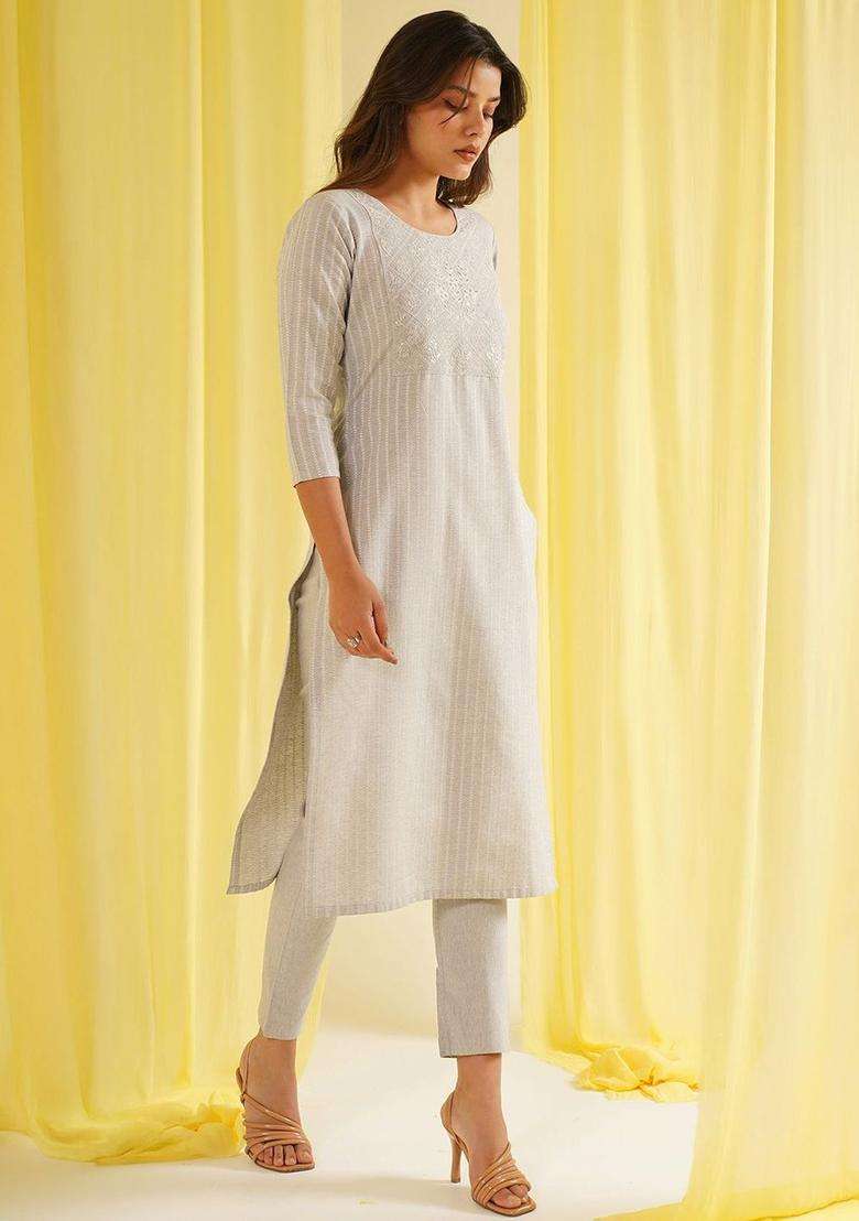 Grey Embroidered Cotton Kurta Set - Indya